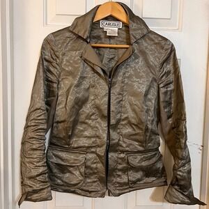 Carlisle Womens Metallic Bronze Crinkle Zip Front Jacket Size 4 Pleated Back